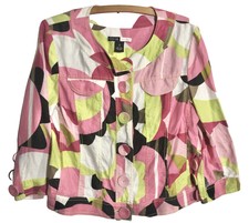 Focus Size 8 Jacket Trucker Blazer Multi-color Geometric 100% Linen Huge Buttons