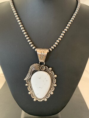 Mens White Buffalo Turquoise Pendant Navajo Sterling Silver Necklace 04238