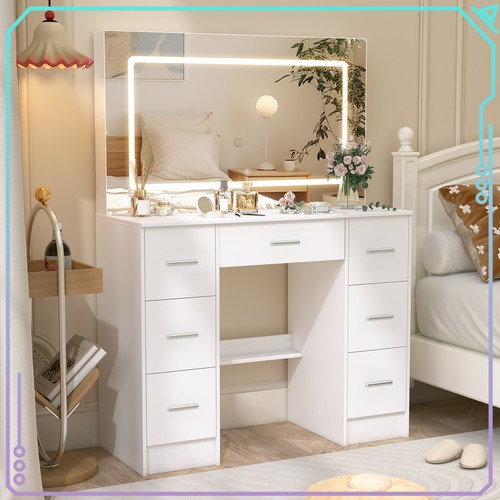 LED Lighted Mirror Dresser Desk with 7 Drawers Vanity Makeup Table White - Picture 5 of 10