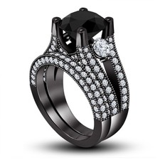 2CT Round Cut Lab Created Diamond Bridal Wedding Ring Set 14K Black Gold Over