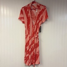 New York & Company Women XL Dress Red Polyester V-Neck Short Sleeve Wrap Party