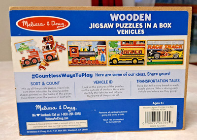 Melissa & Doug Wooden Vehicle Puzzles in Box - 4 Puzzles (12 pcs each) Ages 3+