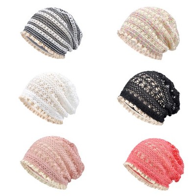Women Flower Mesh Breathable Hollow Beanie Hat Elastic Summer Baggy Slouchy Cap