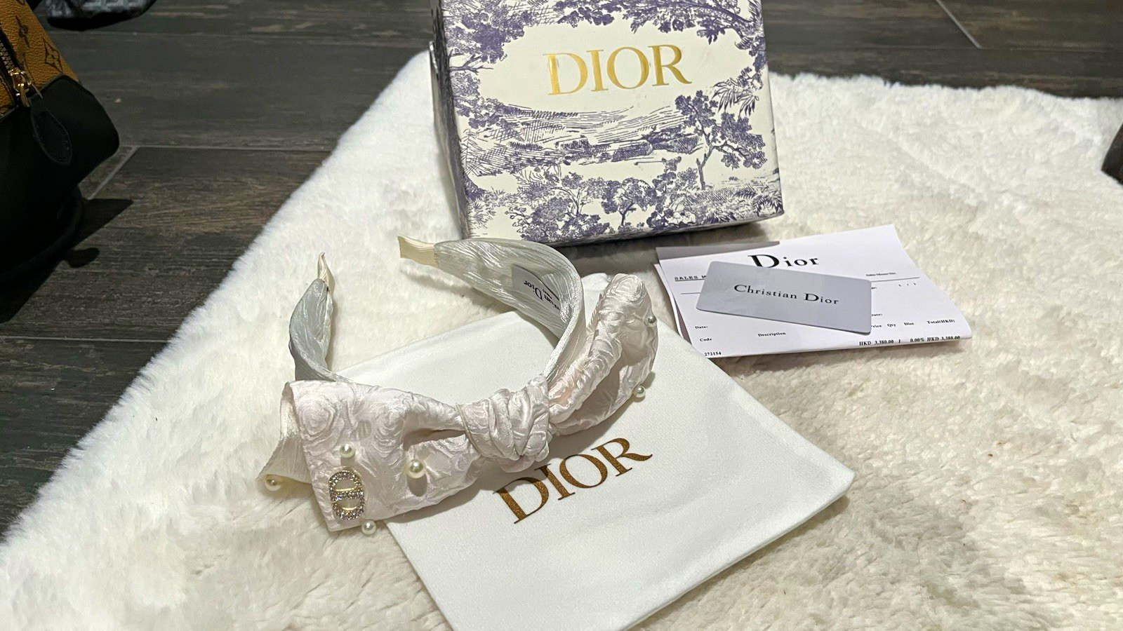 BOUJEE ON A DIME White Fabric Headband with Logo and Pearl Accents