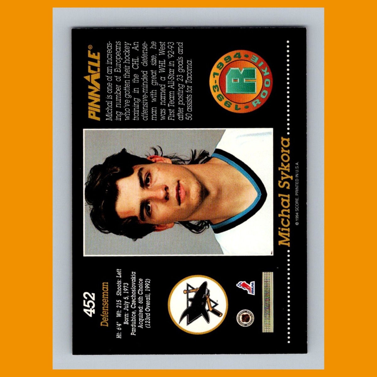 Michal Sykora Rookie #452 1993-94 Pinnacle San Jose Sharks Hockey