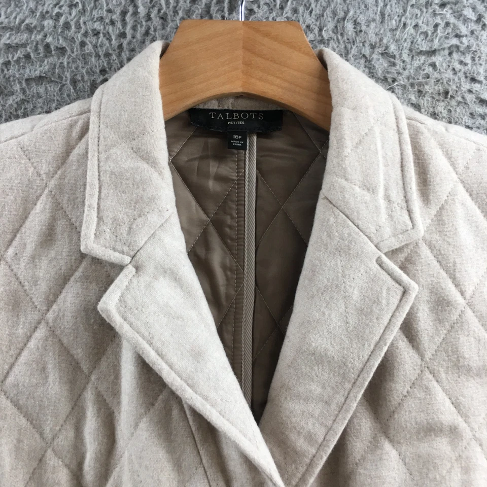 Talbots Quilted Blazer Jacket Womens 16P Beige Wool Blend Long Sleeve Casual - Image 3 of 4