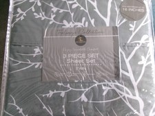 New Twin Size Sheet Set  Grey with white leaf pattern 1131