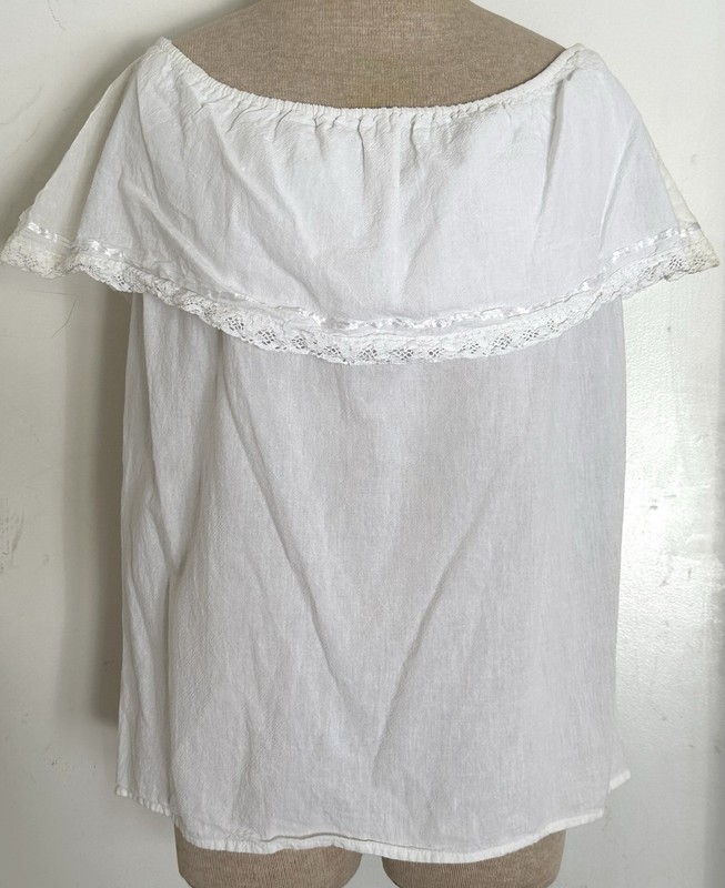 VTG Handwoven HUIPIL Otavalo White Cotton BOHO Ruffled PEASANT Top BLOUSE~M