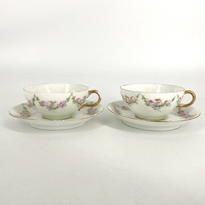 Jean Pouyat 2 Teacups and Saucers Floral Roses Porcelain JPL France Antique