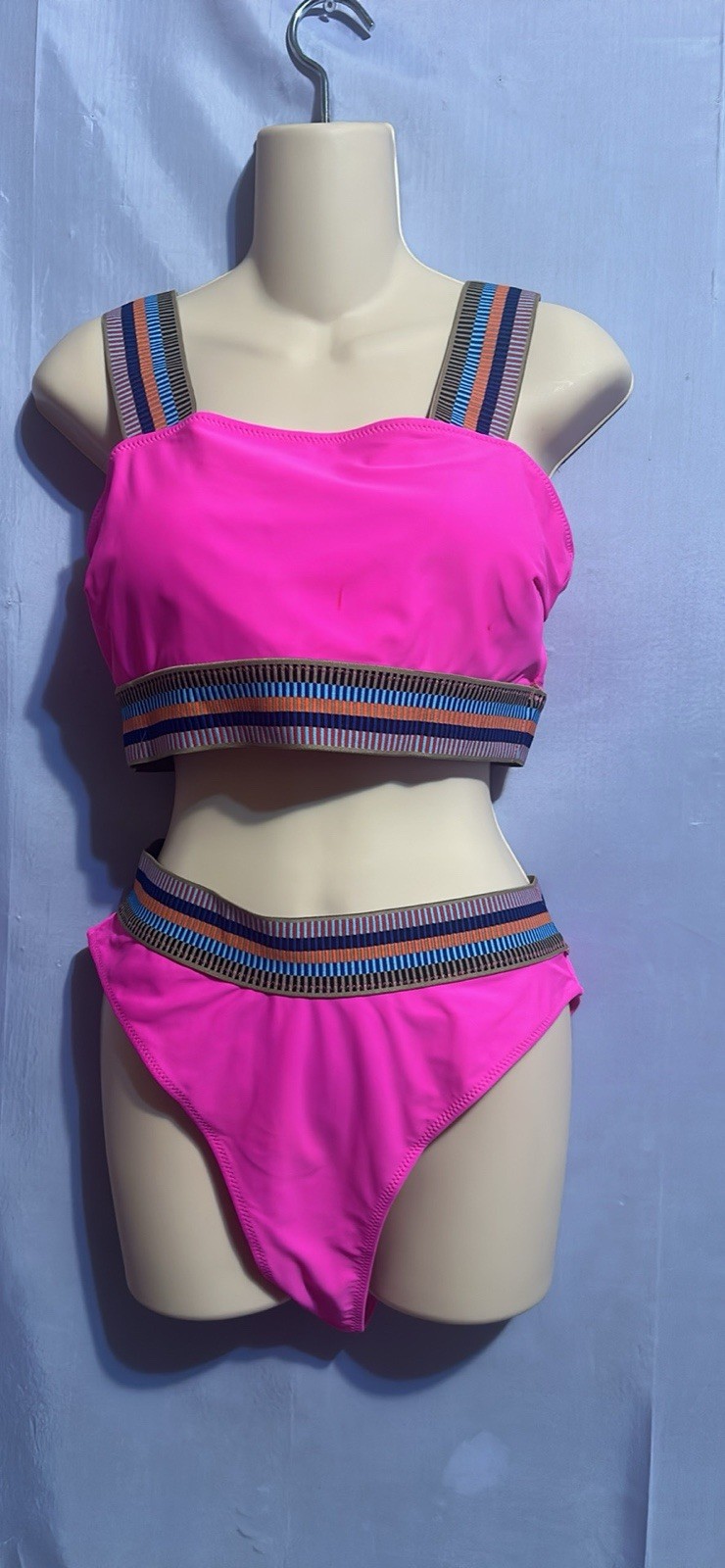 Women’s Pink/Multicolor Striped 2-Piece Bikini Set Wide Strap Top High-Waist M