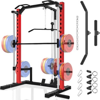 Smith Machine Multifunctional Power Cage Rack with Cable Machine & Barbell Bar 