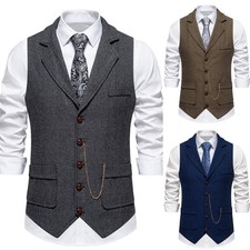 Herringbone Retro Men's Dress Vests With Clain Notch Lapel Business Waistcoats