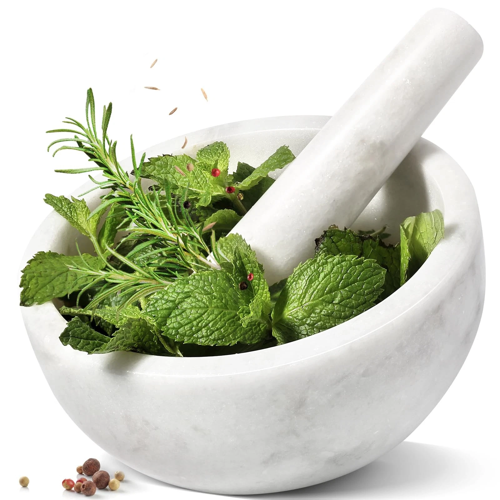 Koville 7" 4-Cup Marble Mortar & Pestle Set - Guacamole, Spices, Salsa Grinder
