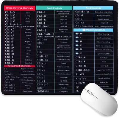 Mouse Pad - Excel Shortcuts Pattern, Anti-Slip, 26x21cm Black 