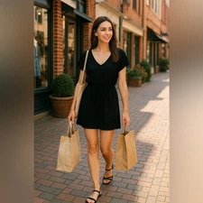 Ekouaer Black V-Neck Mini Dress Swimsuit Cover-Up Short Sleeve Size Small