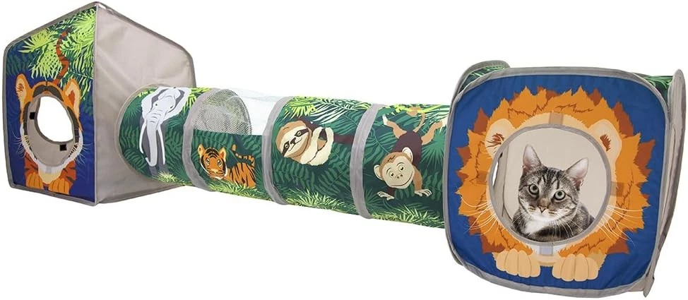 Safari Jungle Cat Play Set Collapsible Pop-Up Cat Toys Combo W/ Cube Tunnel &