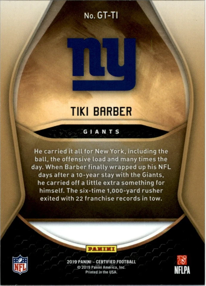 2019 Certified Gold Team #18 Tiki Barber - FB - Image 2 of 2