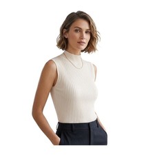 Worthington Mock Neck Sleeveless Pullover Sweater White Ribbed Knit M