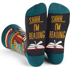 Mens Crew Socks Shh I'm Reading Book Lover Funny Novelty Colour Block Casual
