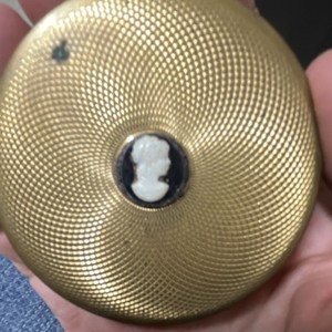 Gold Tone Cosmetic Compact with Cameo Design and Mirror Vintage