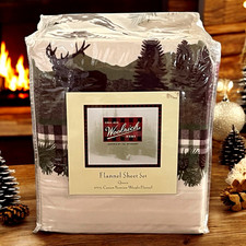Woolrich QUEEN Flannel Sheet Set Cozy Cabin Moose Pine Trees Acorns Outdoors NEW