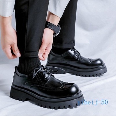  Men's Platform Thick Sole Derby Shoes Wing Tip Brogue Shoes Round Toe Lace Up