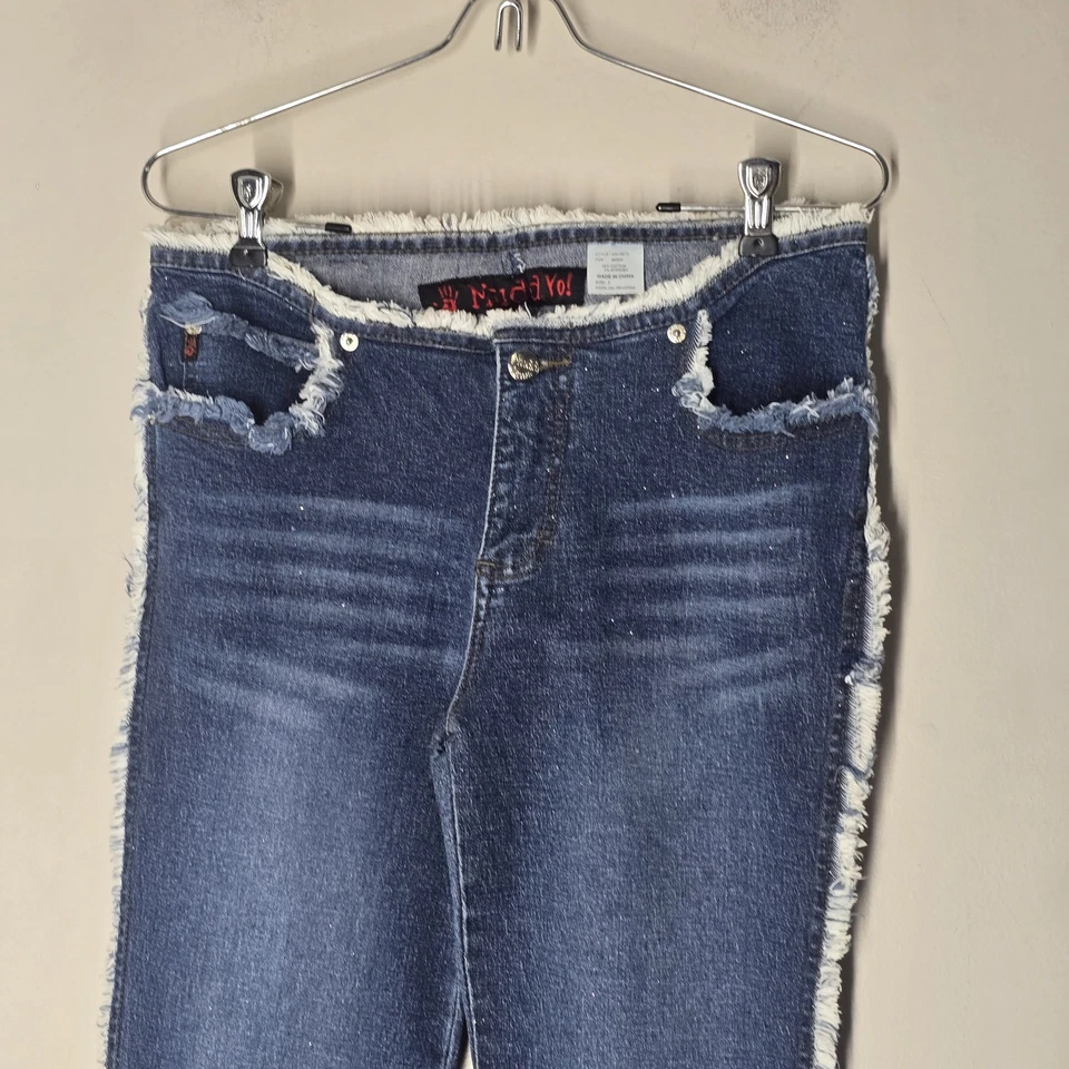 Vintage Mudd Yo Jeans Fringe Trim  Y2K  Flare Size 7 Raw Hem Flare Sparkle - Image 2 of 4