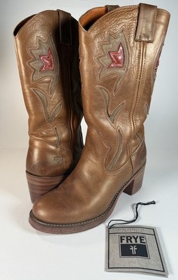 FRYE Vintage Sabrina Womens Metallic Brown Red Floral Cut Out Leather Boots 8.5