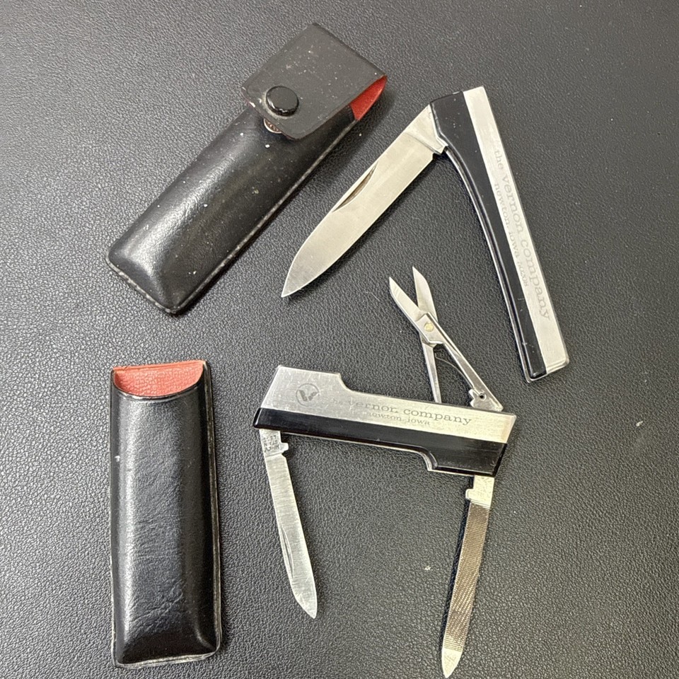 A promo pocket knife from The Vernon Idea Company with its original case — a rare advertising artifact that doubles as a functional piece of Americana history.