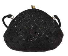 Vintage FUJI Evening Purse/Bag Hand Made Black Beaded Made in Japan