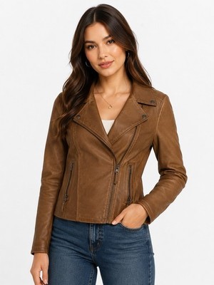Max Studio Cognac Brown Faux Leather Moto Jacket Asymmetrical Size Large
