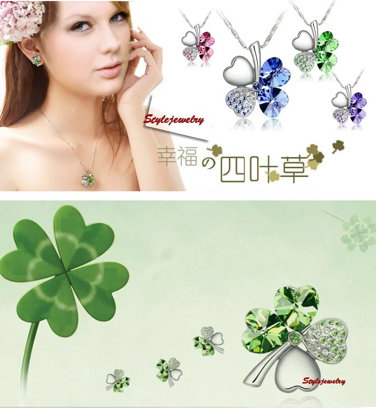 18k White Gold Plated Made with Swarovski Crystal Four Leaf Clover Necklace N55 - Изображение 3 из 4
