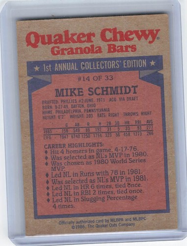 1986 Topps Quaker Chewy Granola Bars - #14 Mike Schmidt - Picture 2 of 2