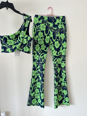 Zara Matching Set Top & bottom Retro Green Blue Jacquard Floral Print  Sz S NWT!