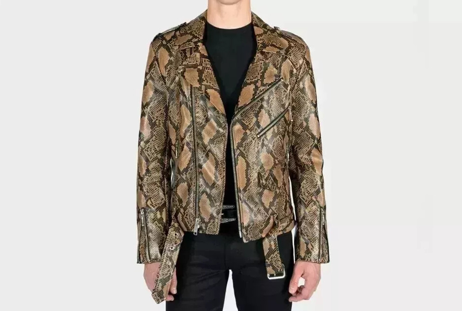 Men's Italian Exotic Snake Texture Leather Jacket Python SnakeSkin Print Jacket