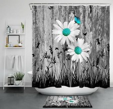 Black Rustic Board Daisy Flower Butterfly Shower Curtain Set for Bathroom Decor