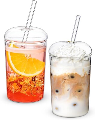 Combler Glass Cups with Lids and Straws, 16 oz Clear Glass Coffee Cups Set of 2