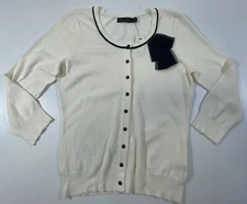 The Limited Ivory Black Bow 3/4 Sleeve Button Up Crew Neck Cardigan Sweater M