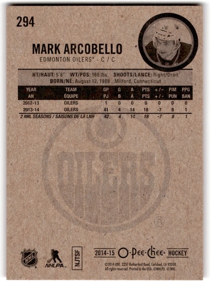 2014-15 O-Pee-Chee Red Mark Arcobello #294 Edmonton Oilers - Image 2 of 2