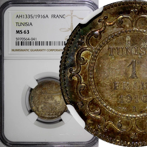 Tunisia Muhammad V Silver AH1335 (1916) A 1 Franc NGC MS63 GEM BU KM# 238 (041) 
