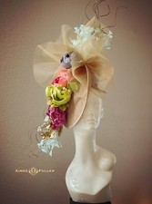 Royal Ascot Fascinator Kentucky Derby Hat Tan Green Pink Purple Flower Cascade