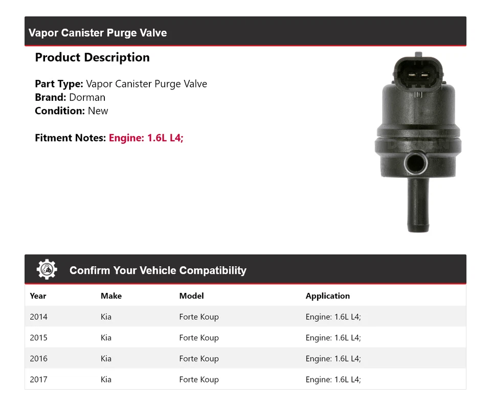 Válvula de purga de bote de vapor Dorman 2015 para Kia Forte Koup 2014-2017 1,6 L L4 Foto 2 de 4