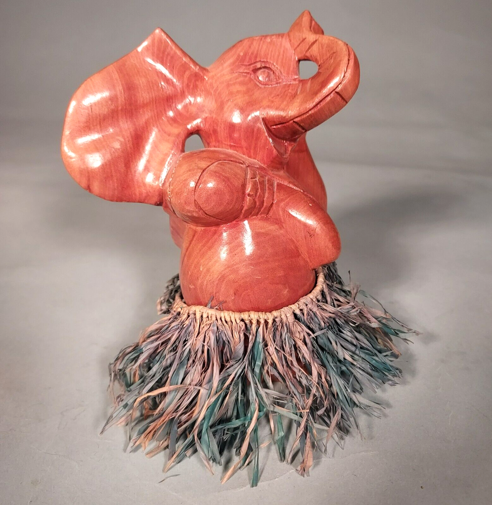 Dancing Elephant Wood Carved Elephant Trunk Up w/ Hula Skirt (Removeable)