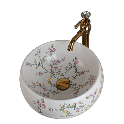 16” Bathroom Vessel Sink Round White Cermaic Basin Bowl With Gold Faucet + Drain - Picture 9 of 11