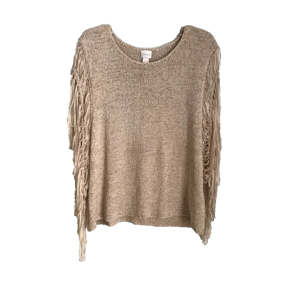 Chicos Totally Taupe Tarrin Tape Yarn Fringe Poncho NWT Womens Size S/M