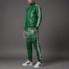 Men's Genuine Real Lambskin Green Leather Track Suit Sweatsuit Jogging Tracksuit