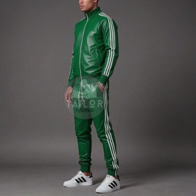 Jogging Suit Tracksuit Silk Men's Genuine Real Lambskin Green