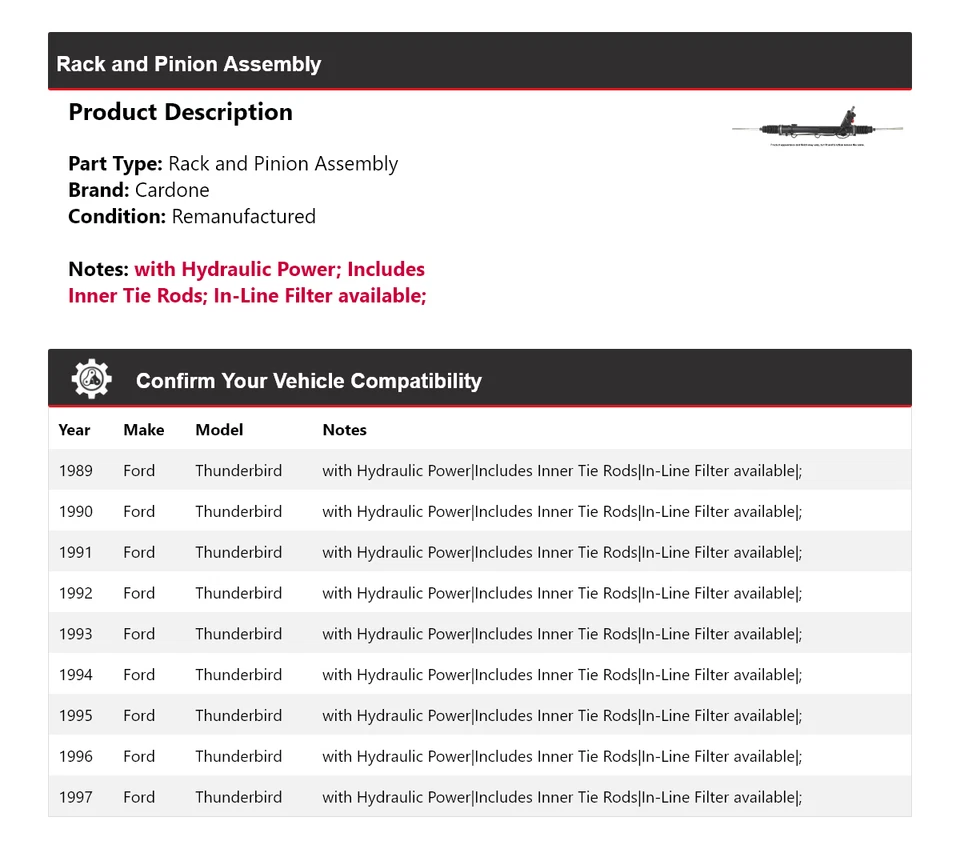Para Ford Thunderbird 1989-1997 montaje de cremallera y piñón Cardone 1990 1991 1992 Foto 2 de 4