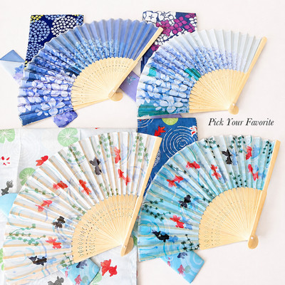 Japanese Folding Fan Sensu Tenugui Uchiwa 3pc Set Hydrangea Goldfish Yukata Gift