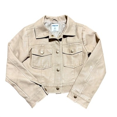 MAYORAL Girl's 8 Faux Leather Textured Moto Jacket in Camel Snaps Pockets